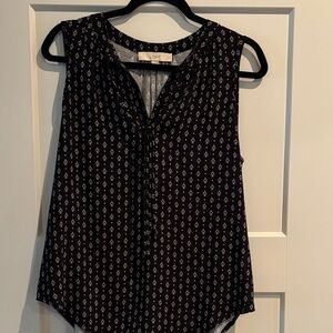 LOFT Black Sleeveless Printed V-Neck Tank with White Motif
